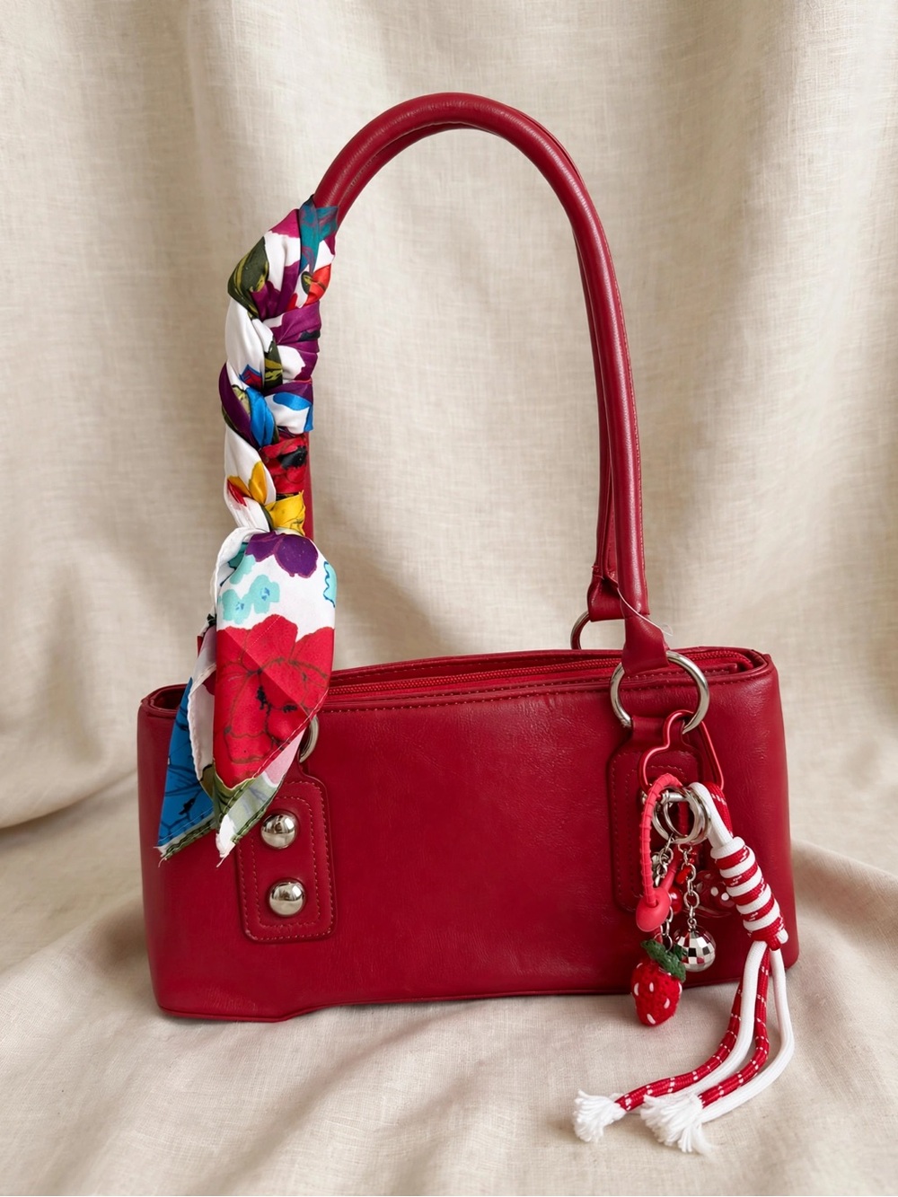 Red Shoulder Tote Bag with Decorative Scarf